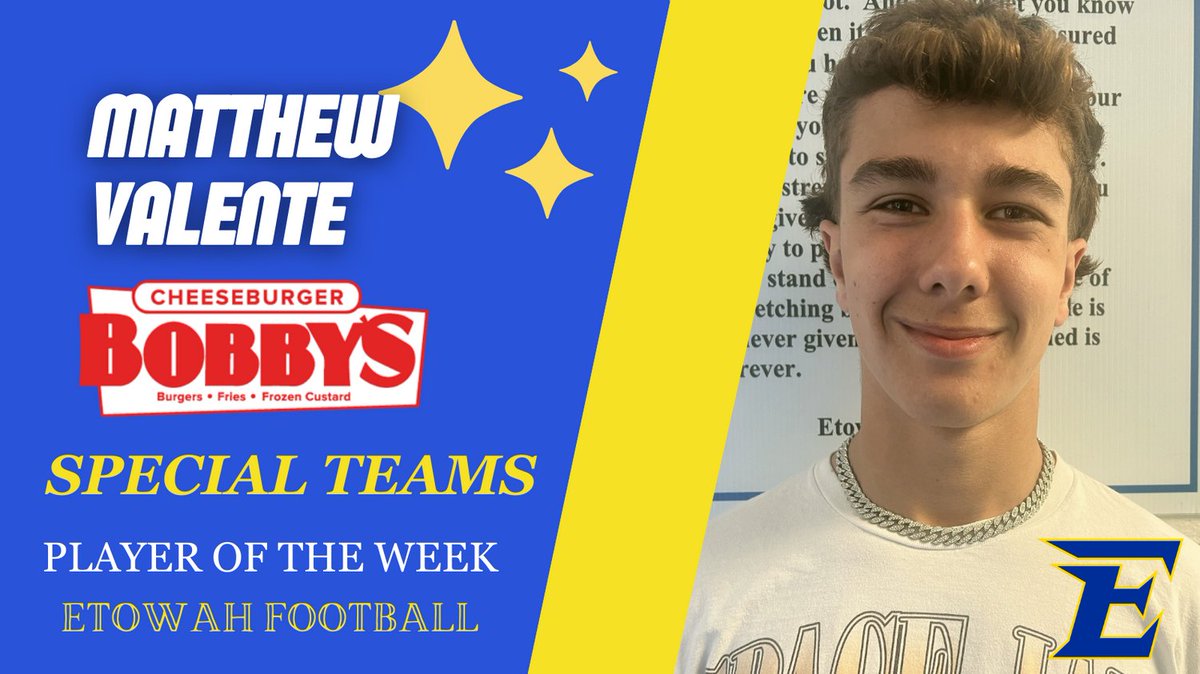 Congratulations to our @EtowahFootball Special Teams Player of the Week for Week 8 against Allatoona, Matthew Valente! Thank you to our sponsor @CBobbys Woodstock for your support! @Coach_MKemper @EtowahHS @RecruitGeorgia