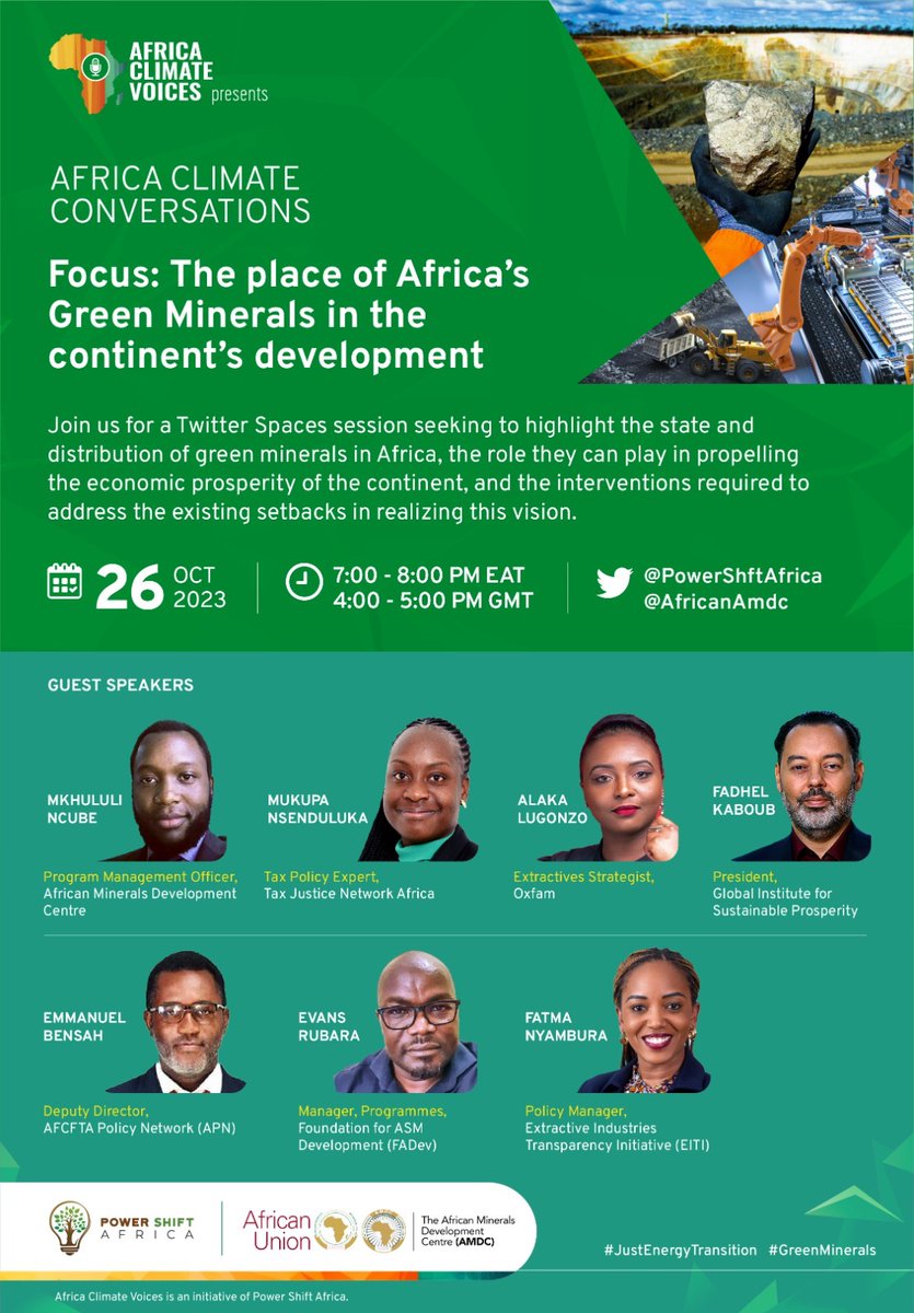 Twitter Spaces on Africa's critical green minerals happening Thursday, 26 Oct at 6pm SAST, organised by <a href="/PowerShftAfrica/">Power Shift Africa</a> and <a href="/AfricanAmdc/">African Minerals Development Centre (AMDC)</a>.

Set a reminder and join this at x.com/i/spaces/1eaKb…

#CriticalMinerals