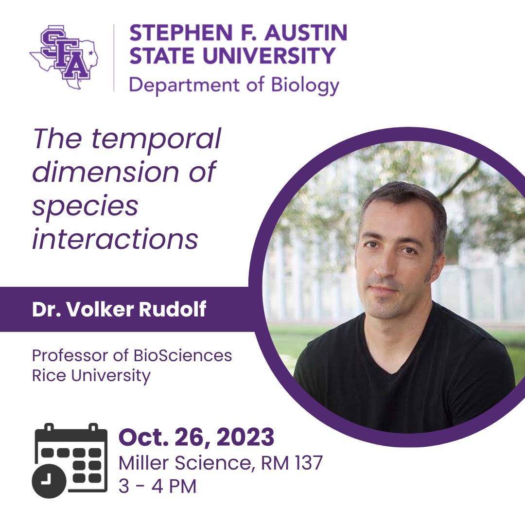 CoSM_SFA's tweet photo. Join us tomorrow to hear about the temporal dimension of species interactions from environmental ecologist and biosciences professor at Rice University, Dr. Volker Rudolf! https://t.co/iLFbbTIhTg