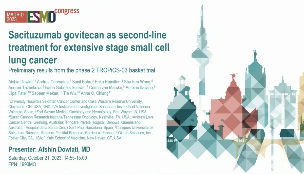 StephenVLiu's tweet photo. #ESMO23 Dr. Afshin Dowlati with results from TROPiCS-03 #SCLC cohort with 2L sacituzumab govitecan (TROP2 ADC). cRR 37% with mDOR 6.3m, 63% of responses ongoing at 6m. AEs include diarrhea (mostly G1/2) and neutropenia (33% G3) but no discontinuations due to AE. https://t.co/ZsRQbcSdCa