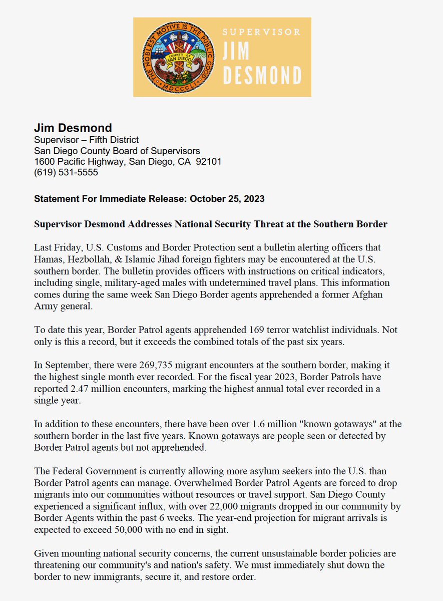 Given mounting national security concerns, the current unsustainable border policies are threatening our community's and nation's safety. We must immediately shut down the border to new immigrants, secure it, and restore order.