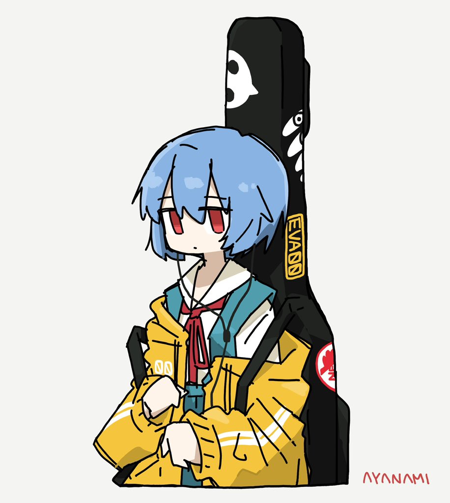 ayanami rei 1girl blue hair solo red eyes short hair instrument case white background  illustration images