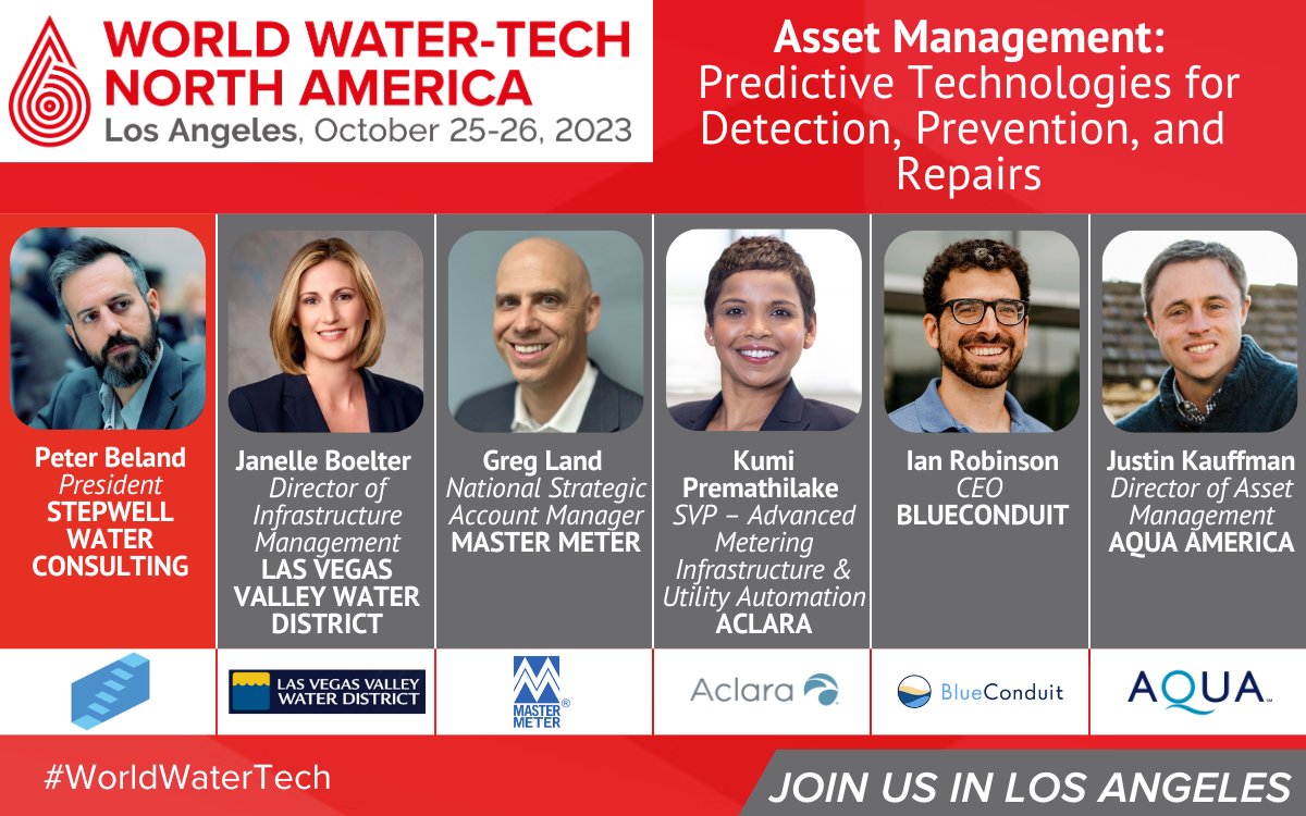 MasterMeterInc's tweet image. Join #MasteMeter&apos;s Greg Land at the panel discussion, &apos;Asset Management: Predictive Technologies for Detection, Prevention and Repairs&apos; today as we kick off Day 1 of the 2023 @WorldWaterTech American Summit. We are looking forward to hearing this discussion!

#WorldWaterTech