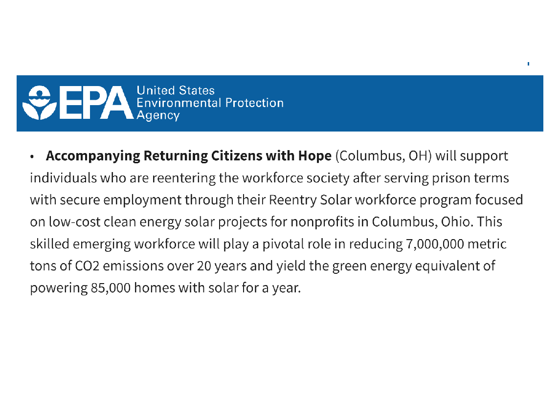 ce4america's tweet photo. Lots of great programs to get funds from yesterday's @EPA announcement of $128M for #environmentaljustice.
Including #cleanenergy job training in #Columbus #Ohio!
☀ @Archreentry will help returning citizens get jobs in #solarpower. Amazing!
#EJ cuts barriers & creates jobs! https://t.co/MoaPdgdDfi