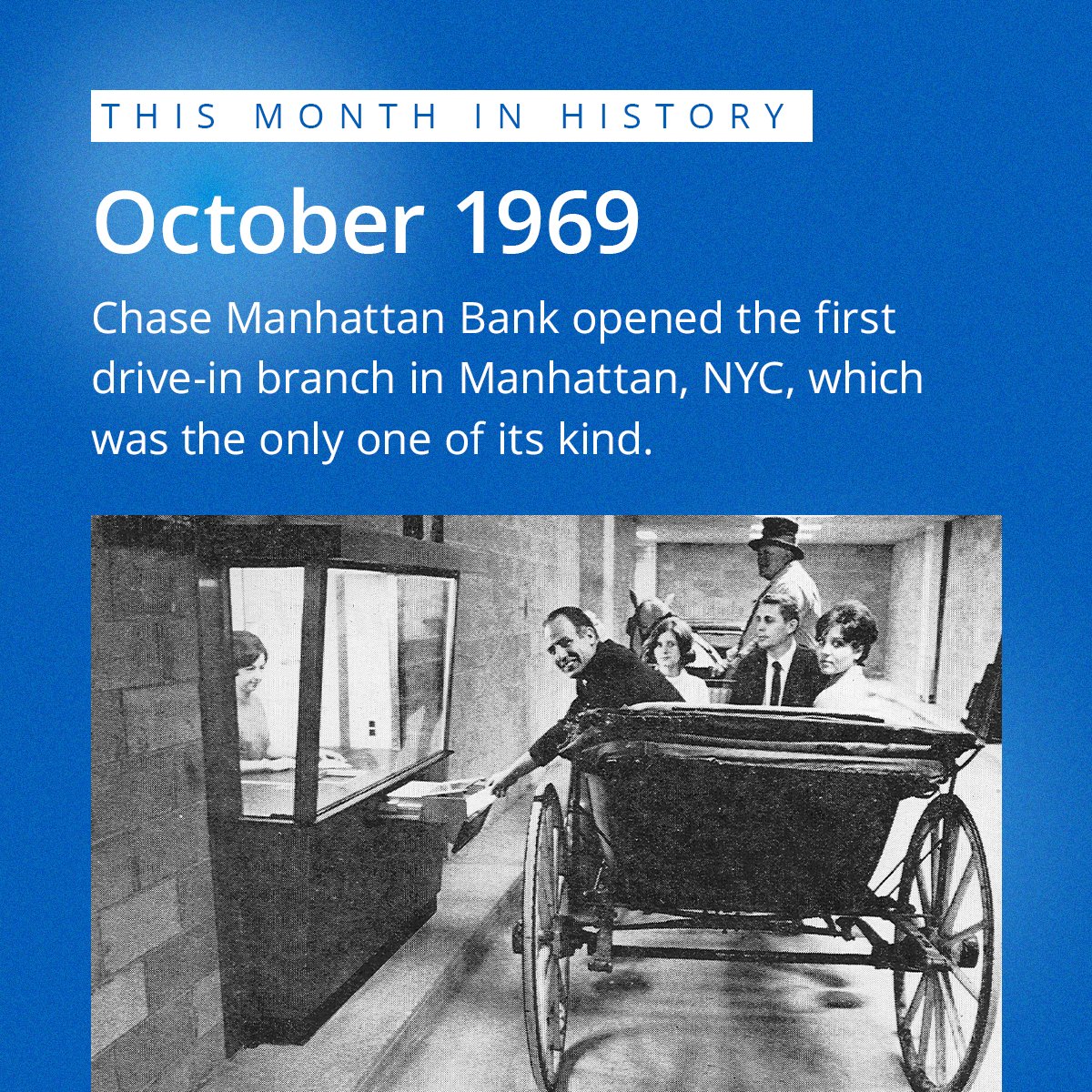 Before the drive-through, there was the drive-in.🚙 In 1969, Chase Manhattan Bank opened the first drive-in branch in Manhattan, NYC, which was the first of its kind. 🏦 The drive-in window could accommodate larger vehicles, trucks and the occasional horse-drawn carriage.