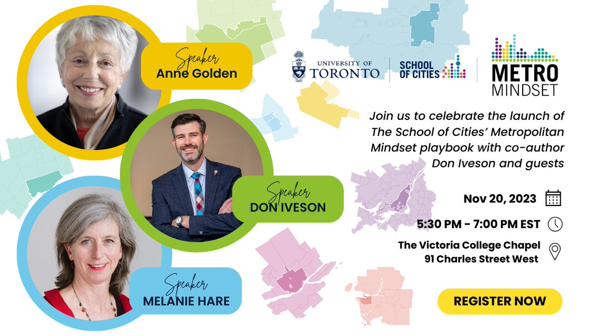 Nov 20, in-person: Join @doniveson, @UrbStratMelanie & Dr. Anne Golden for the launch of our Metro Mindset playbook, which aims to inspire dialogue b/w govts, industry, civil society & the public about metropolitan governance across Canada. Register now: schoolofcities.utoronto.ca/event/the-metr…