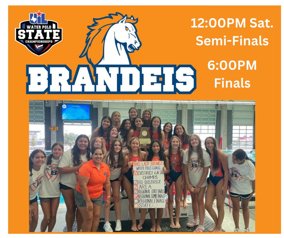 NISD_Athletics (@nisd_athletics) on Twitter photo BRANDEIS WATER POLO Playing Sat. Oct 28th @ 12:00pm in the State Semi-Finals @ Josh Davis Natatorium, State Finals @ 6:00PM
uiltexas.hometownticketing.com/embed/event/13…
LET'S GO NORTHSIDE!
<a href="/NISD/">Northside ISD</a> <a href="/NISDAquatics/">NISD Aquatics</a> <a href="/NISDBrandeis/">Brandeis High School</a> BRANDEIS WATER POLO Playing Sat. Oct 28th @ 12:00pm in the State Semi-Finals @ Josh Davis Natatorium, State Finals @ 6:00PM
uiltexas.hometownticketing.com/embed/event/13…
LET'S GO NORTHSIDE!
<a href="/NISD/">Northside ISD</a> <a href="/NISDAquatics/">NISD Aquatics</a> <a href="/NISDBrandeis/">Brandeis High School</a>