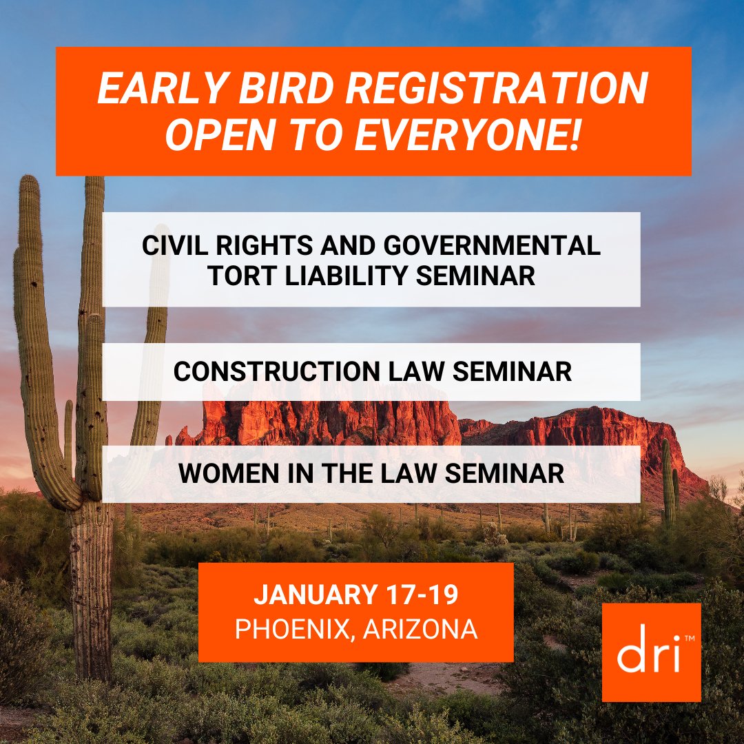 DRICommunity's tweet photo. Early Bird Registration for DRI’s January 2024 seminars is now open to everyone! Save up to $200 when you register by December 4. Secure your spot now!

#DRICommunity #DRILawyer #DRIGovernmentalLiability #DRIContruction #DRIWITL https://t.co/CLfAP9saDJ