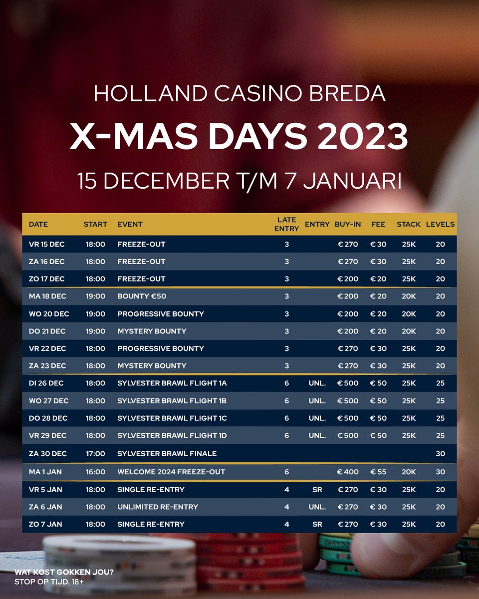 BredaPoker's tweet photo. Begin van december Rounders toernooi in Rotterdam en daarna direct doorpakken in Breda. Lijkt ons een prachtig einde van het jaar en een mooi begin van 2024.  

#POKERLEEFT

@hollandcasino
@PokerSeriesNL
@PokerCityNL
@CasinoNieuws_nl
@pokerenNL https://t.co/B9UVl03v6V