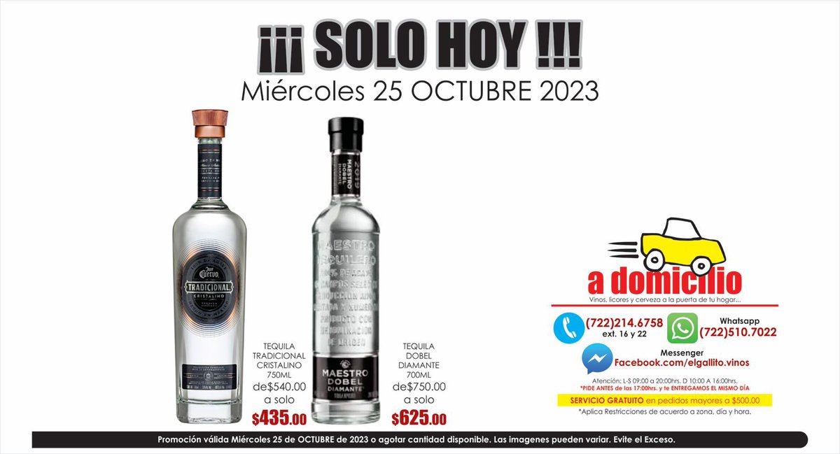 SOLO HOY…

#solohoy #miercoles #servicioadomicilio #promociones #tequila #maestrodobel #dobeldiamante #tequilatradicional #tradicristalino