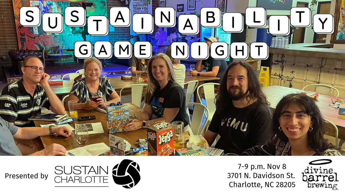 🎲Join us for board game night at Divine Barrel Brewing in NoDa on Wednesday, November 8th! ♟️This event is open to everyone -- no knowledge of how to play the games is required. Light snacks will be provided! 👉RSVP: sustaincharlotte.org/events