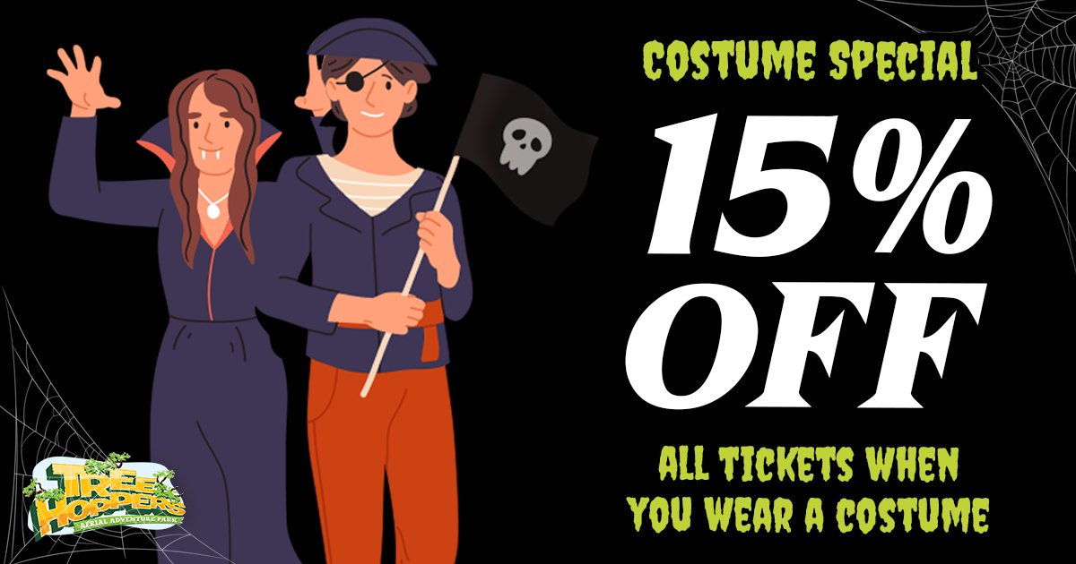 TreeHoppers's tweet image. It’s spooky season! Let’s see those costumes this Sunday (10/29) and get 15% off your ticket 👻

Get the catchphrase code online at: hbit.ly/3L2TYw9

#TreeHoppers #Special #TampaFL #DadeCityFL #Orlando #Fall #Adventure