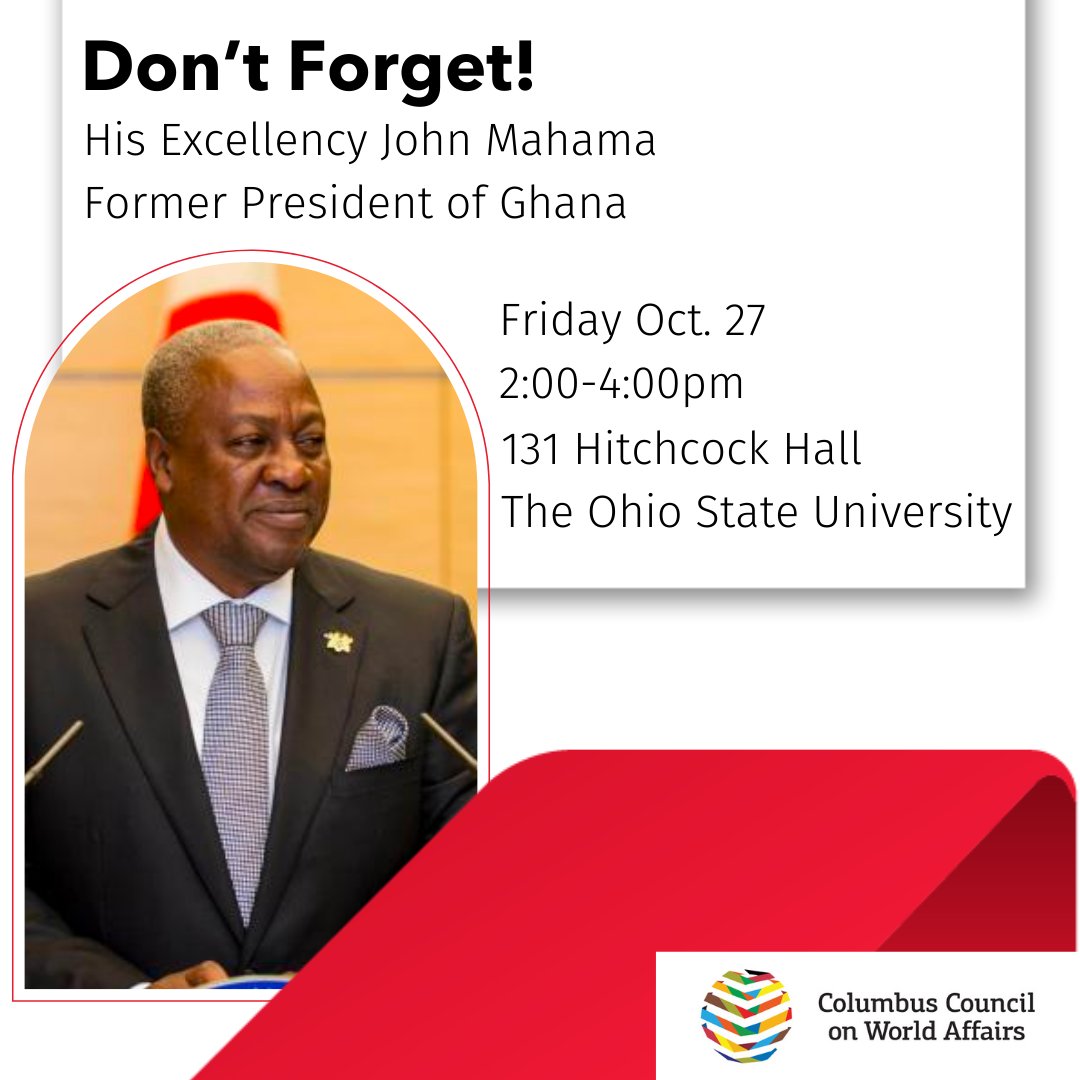 CbusCCWA's tweet image. This Friday!

His Excellency John Dramani Mahama served as the president of Ghana between 2012 and 2017 after becoming vice president in 2009.  During his visit to OSU this Friday, he will talk about current affairs and the status of democracy in Africa.

#OSU #ccwa #ghana