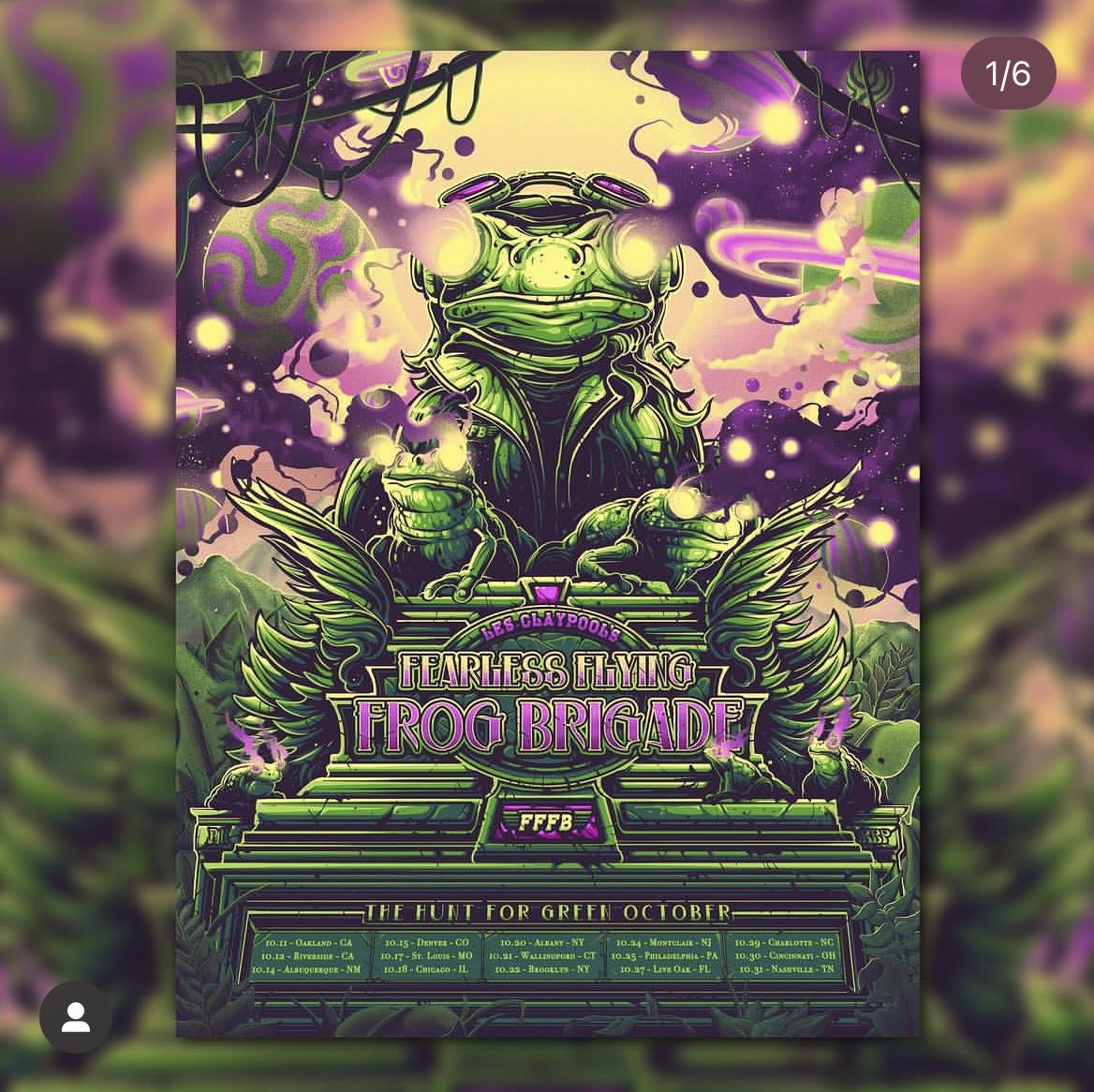 The Hunt for Green October Tour
<a href="/primus/">Primus</a> (Fearless Flying Frog Brigade)
🎨<a href="/RaileyBace/">Bailey Race</a> 
🎨<a href="/Danmumforddraws/">Dan Mumford</a>