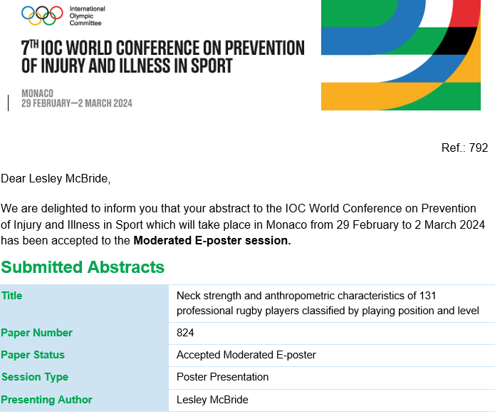 Looking forward to sharing another chapter of my research in #neckstrength at the #IOCprev2024 conference in Monaco. So happy to have had my abstract accepted. The programme looks inspiring. I'm excited for the networking & collaboration opportunities #sportsphysio #EnglandRugby