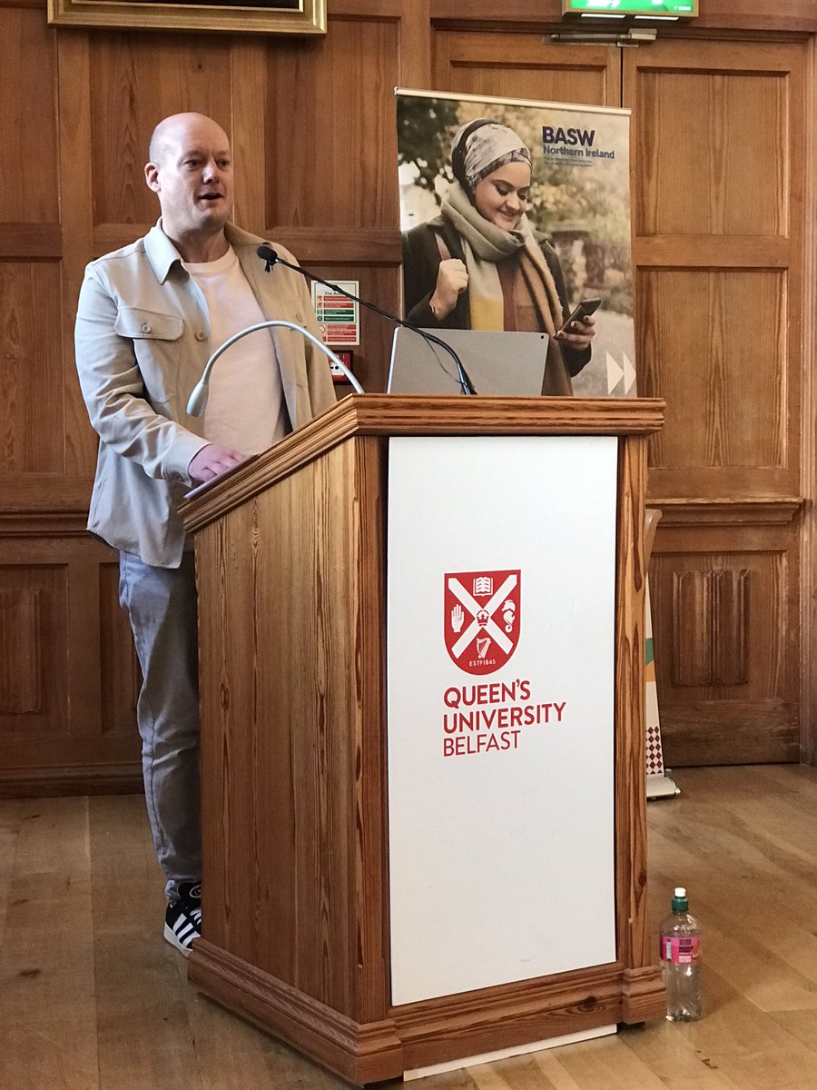 QueensSWSociety's tweet photo. Brett Cummings, recently QUB graduated social worker, talking about being kind and holding onto empathy in the face of aggression and when fearful in child &amp; family practice. https://t.co/y5qXeNk5Jp