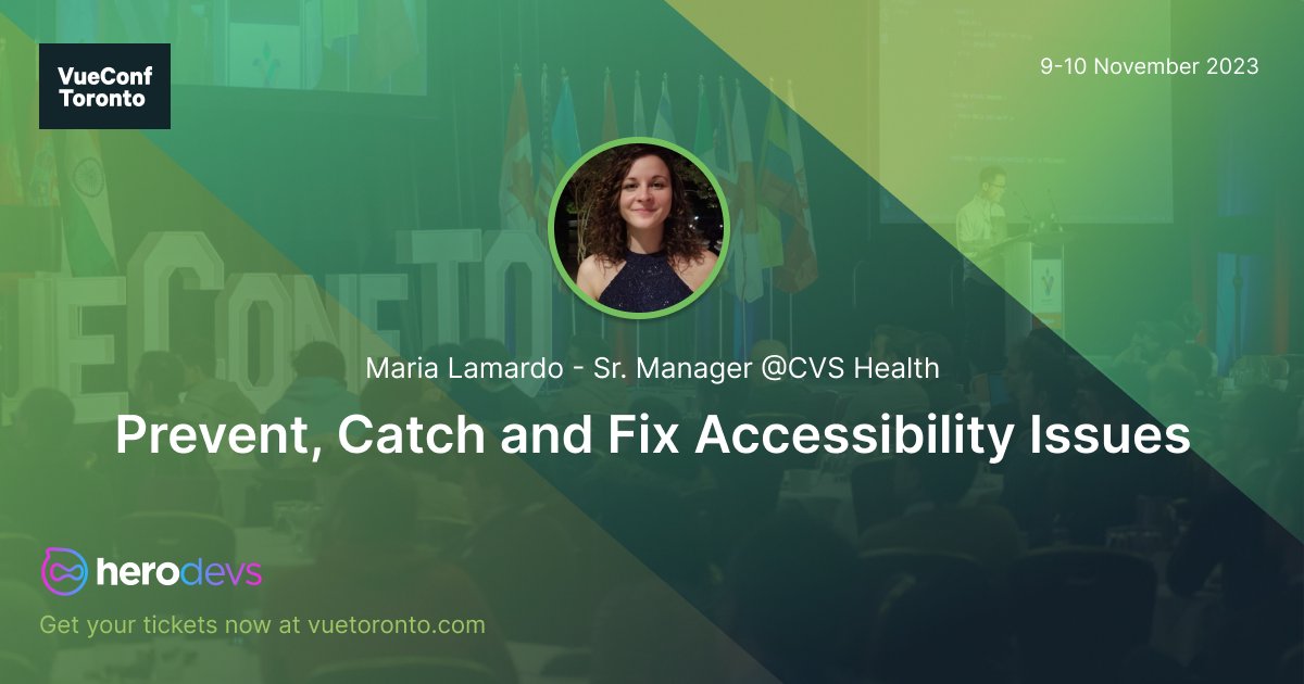 Excited to welcome @MariaLamardo to #VueConfToronto 2023 Maria will be addressing how to 'prevent, catch and fix accessibility issues' in your application. Checkout the full schedule: vuetoronto.com/schedule #vue #nuxt #vuetify #a11y 🎟️ vuetoronto.com/tickets
