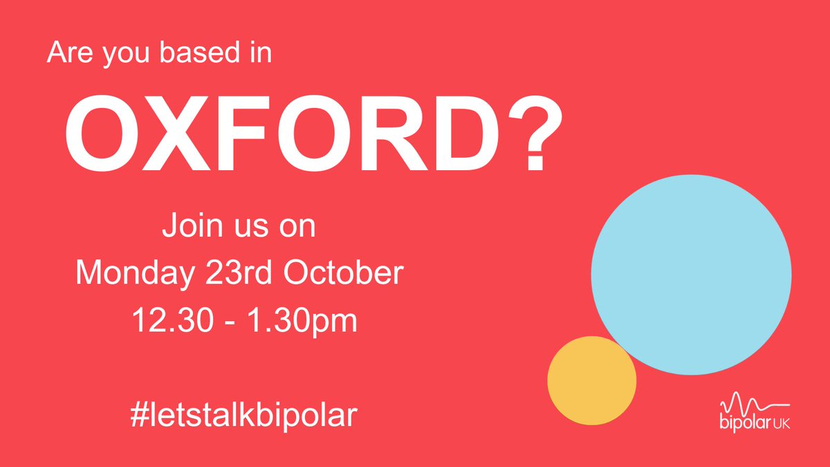BipolarUK's tweet photo. 📢 Calling all residents of Oxford! Are you affected by #bipolar?

Come long to one of our Oxford #support groups:
⭐ 1st Tuesday of every month (in person)
⭐ 3rd Wednesday of every month (online)

Find out more on our website >>
https://t.co/JPc2YwGTxp https://t.co/z5L7NpVCz2