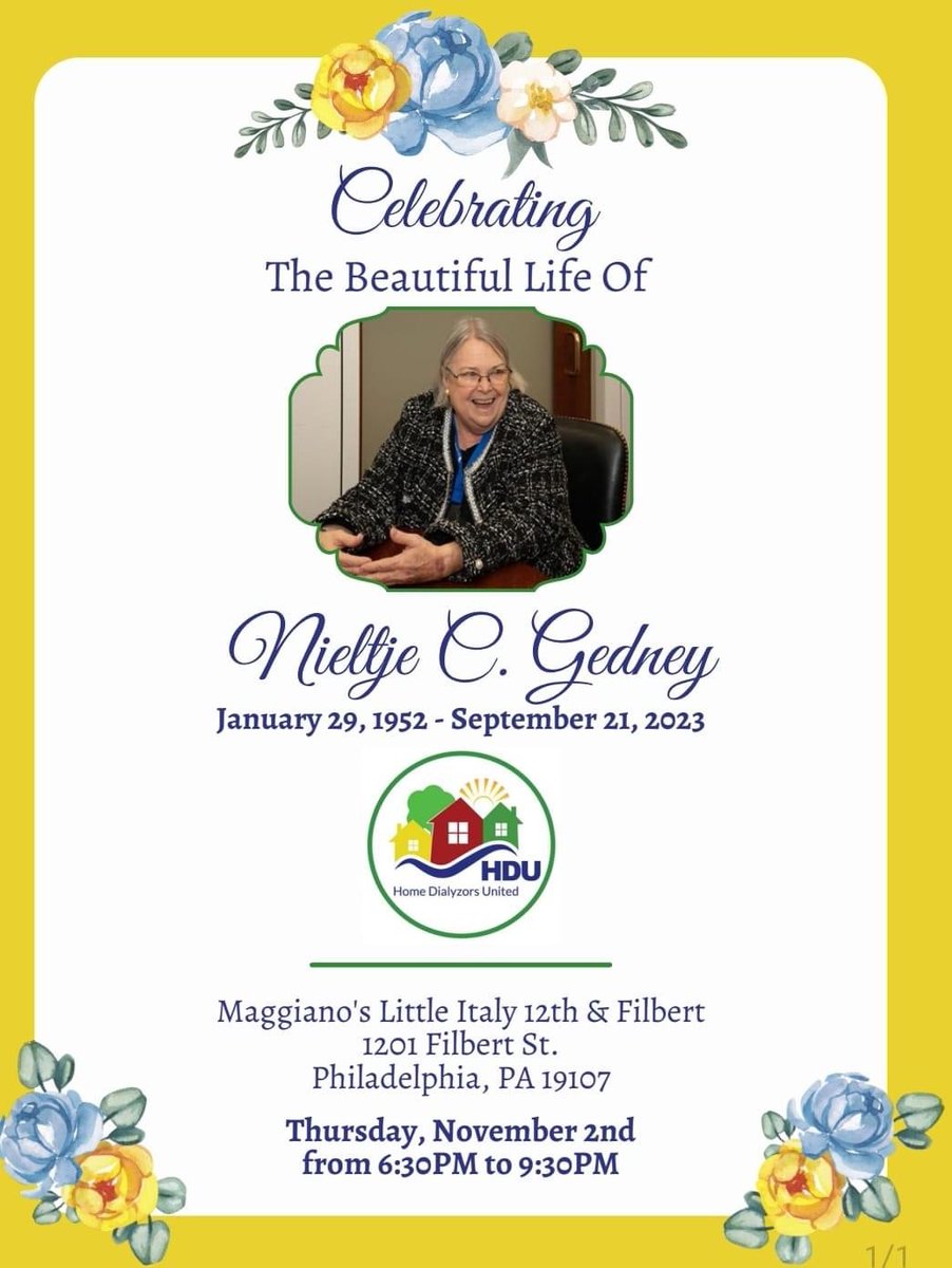 nichole jefferson (@nicholejeff) on Twitter photo Thank you, Everyone for the love, support, and patience shown to <a href="/hdunews/">Home Dialyzors News</a> as we mourn the passing of Nieltje Gedney.
If you are in Philly for #ASNKidneyWeek, please join us as we celebrate her advocacy. Please RSVP. Thank you, Everyone for the love, support, and patience shown to <a href="/hdunews/">Home Dialyzors News</a> as we mourn the passing of Nieltje Gedney.
If you are in Philly for #ASNKidneyWeek, please join us as we celebrate her advocacy. Please RSVP.