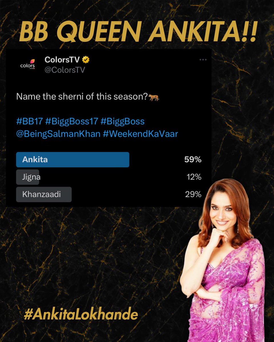 AnkuHolics's tweet photo. Strongest contestant of Bigg Boss 17 💪🏼❤️🔥
.
@anky1912 winning polls from Day 1, indeed a QUEEN 👑
.
#AnkuHolics #AnkitaLokhande #Queen #StrongestContestantOfBB #Slayer #PollWinner https://t.co/IM14t0qsUx