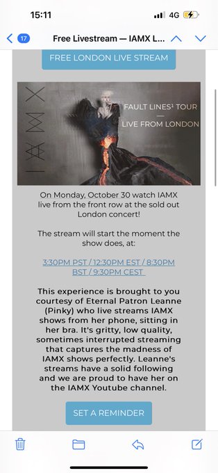 I&rsquo;m streaming the @iamx London gig Monday from their YouTube channel set a reminder by following this<a class="tags" target="_blank" title="On Twitter" href="/?out=eyJ0eXAiOiJKV1QiLCJhbGciOiJIUzUxMiJ9.eyJpYXQiOjE3MjQ5MDM1NzIsImlzcyI6InR3cG9ybnN0YXJzLmNvbSIsIm5iZiI6MTcyNDkwMzU3MiwiZXhwIjoxNzU2NDM5NTcyLCJyZWRpcmVjdF91cmwiOiJodHRwczovL3R3aXR0ZXIuY29tL2lhbXgifQ.0Wae1_rfFloJA8moyI5H2Zg1qiU4cf2DiMvKAWXDR8vq2I-y5oYaSUaq5hI5SFOUPBcdeqwjNZ4WtseCYPLQKQ">@iamx</a><a href="/tag/chriscorner"class="tags"><span>#chriscorner</span></a><a href="/tag/iamx"class="tags"><span>#iamx</span></a>