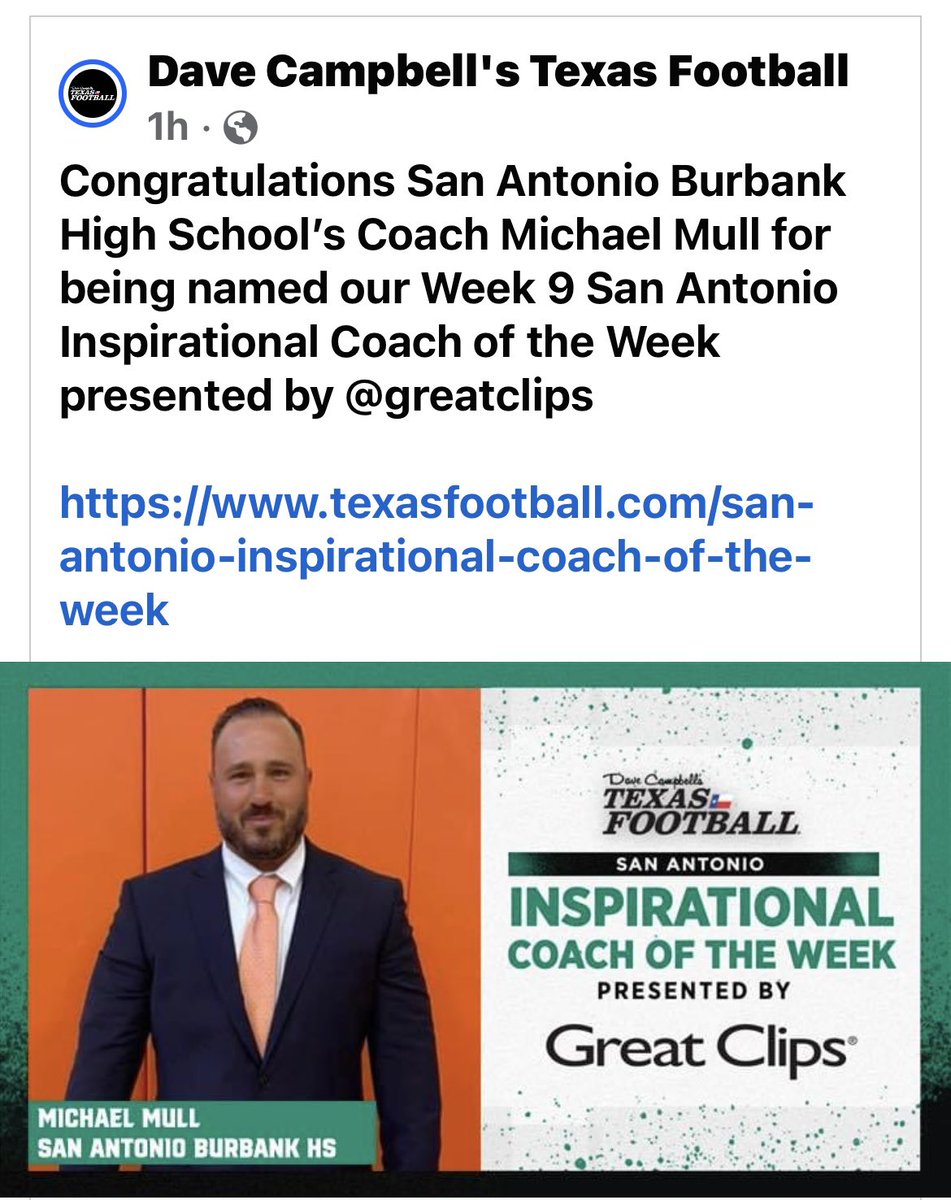 Congratulations @coachmikemull!

Week 9 San Antonio Inspirational Coach of the week presented by @GreatClips!

@BurbankFBall 
@SAISDAthletics 

#bulldogBITE