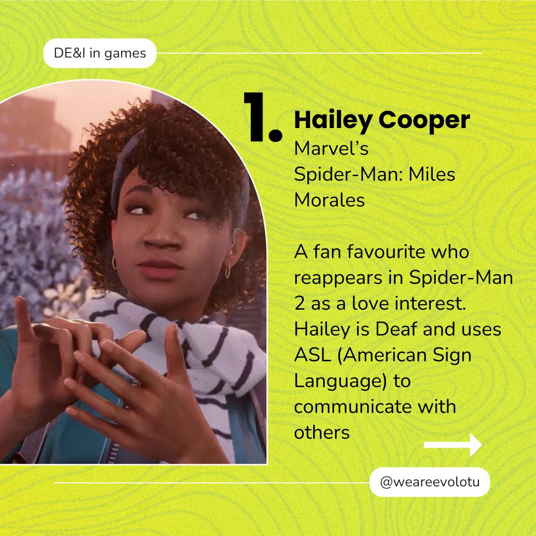 Meet Hailey, Spider-Man’s fan favourite - A Deaf character who uses ASL (American sign Language to communicate) 🧏🏾‍♀️💜

@insomniacgames 

#evolotu #dei #diversityandinclusion #diversityintech #diversityingames #milesmorales #haileycooper #Spiderman