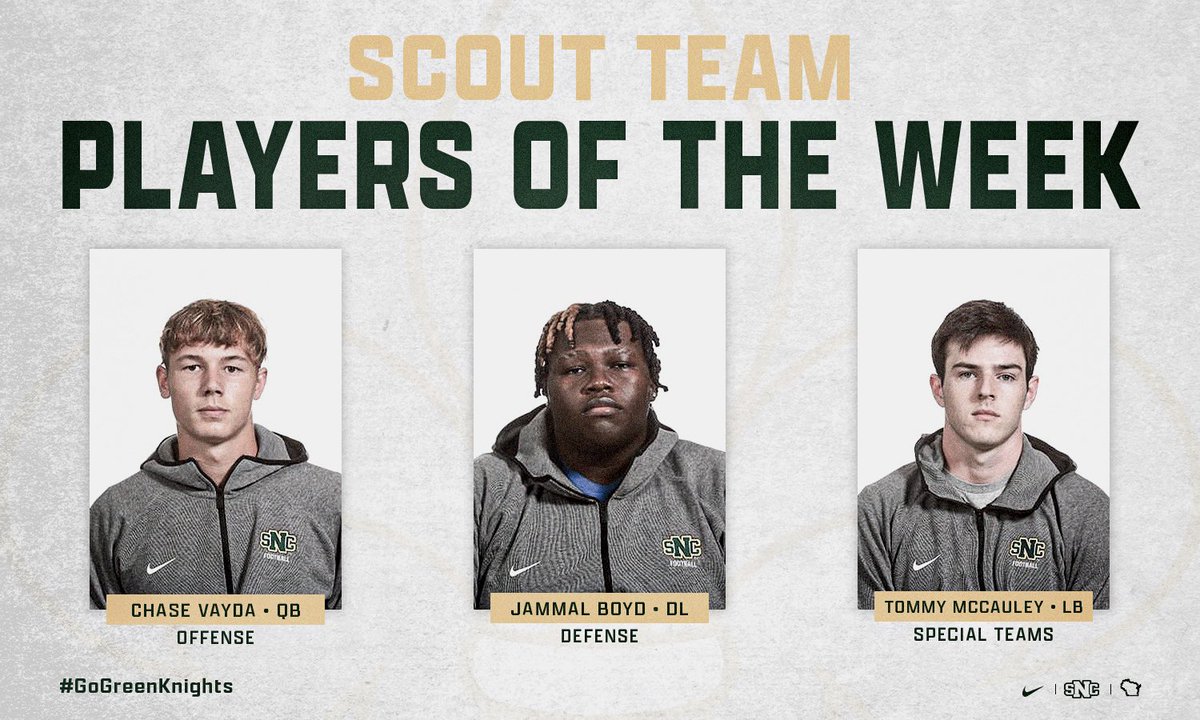 SCOUT TEAM PLAYERS OF THE WEEK VS CUW Offense: QB - Chase Vayda Defense: DL - Jammal Boyd ST: LB - Tommy McCauley 🟢⚔️🟡 #GoGreenKnights