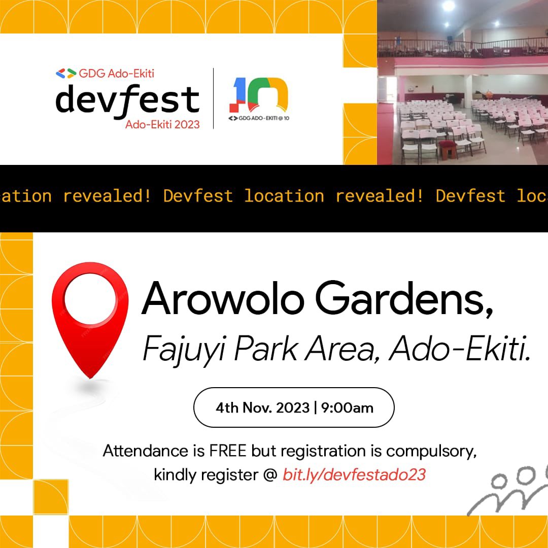 gdgadoekiti's tweet image. Mark your calendars for Nov 4th because it&apos;s Devfest time in Ado-Ekiti! You don&apos;t want to miss out on this awesome event at Arowolo Gardens. 

Best part? It&apos;s absolutely FREE! Just remember to register at bit.ly/devfestado23.

#DevFestAdoEkiti #Devfest2023