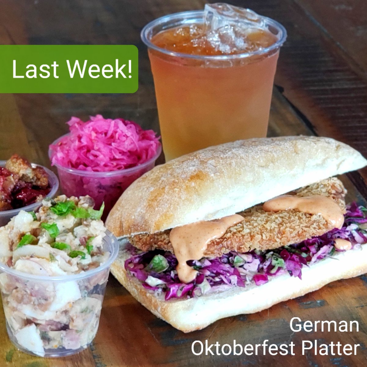 nobutcher_com's tweet photo. Only one more week! Get your German Oktoberfest Platter:
🇩🇪 Schnitzel Sandwich with an authentic deep-fried Schnitzel patty, red cabbage and brussels sprout slaw and original curry ketchup sauce.
🇩🇪 German potato salad with sautéed onions and NoBacon bits.
🇩🇪 German sauerkraut. https://t.co/A3HwoHpvFU