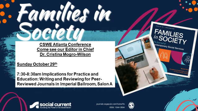 FISOnline's tweet image. Come bright and early tomorrow! Sunday Oct 29th to talk with 3 Editor in Chiefs of some of our most prestigious social work journals -- EIC of FIS Dr. Mogro-Wilson, EIC of JSWE Dr. Parrish and EIC of Smith Studies Dr. Asakura @DparrishParrish #CSWE2023 #APM2023