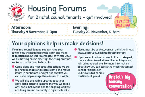 CommDevBristol's tweet image. Housing Forum
Are you a Council Tenant? 
Next Housing Forum will be discussing ; ASB and damp and mould
#Housingforum #Counciltenants #Bristolcitycounciltenants