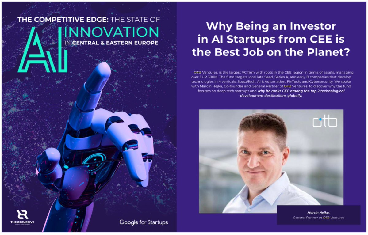 otb_ventures's tweet photo. 🚀@TheRecursiveEU report on the state of #Ai in the CEE is finally here!📚The report also features an interview with our GP @MarcinHe who presents our approach to investing in #startups📚Get your copy here: https://t.co/doM5gMFWhg #investing #deeptech https://t.co/d0GoOFpa4q