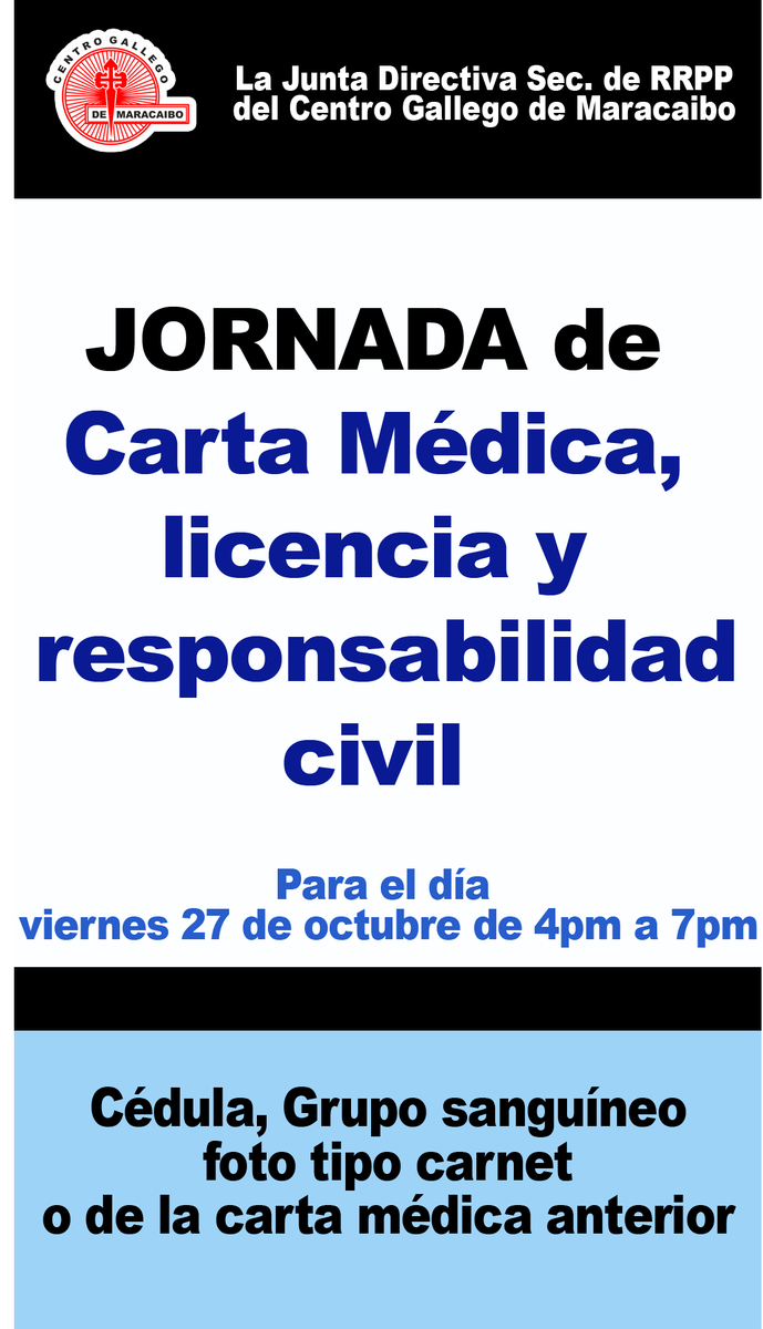 Este viernes 27 de octubre 🗓️estaremos realizando jornada de carta médica, licencia y responsabilidad civil 🚗
En nuestras instalaciones.

🕛 4pm a 7pm

Para socios, familiares y amigos.