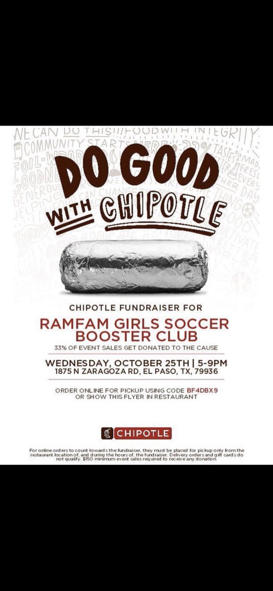RamBooster25's tweet photo. Today’s the day to come and have dinner at Chipotle to support @GirlssoccerRams ! 💚⚽️💙 https://t.co/buPyz3Ez1s