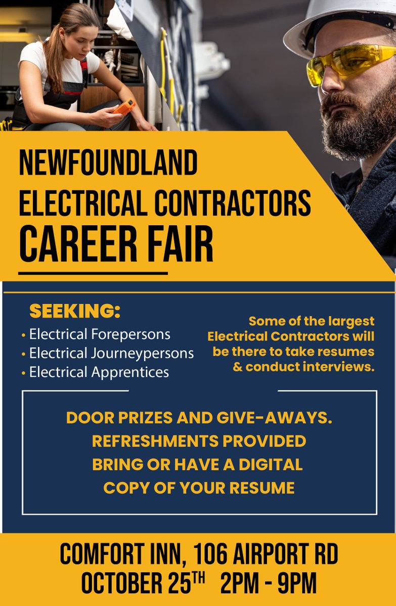 We are looking forward to attending the Newfoundland Electrical Contractors Career Fair this afternoon!
Come check it out at the Comfort Inn - 106 Airport Road in St. John's from 2 p.m. to 9 p.m. today.