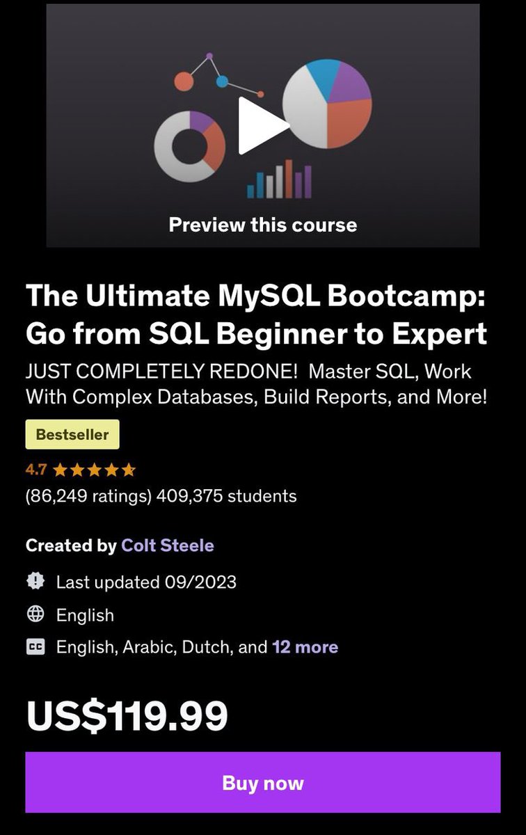 _letcodeit's tweet photo. $120 Complete SQL BootCamp. Everything you need to learn to become SQL Expert.

✅ 38 sections
✅ 653 lectures
✅ 279 Articles.

You don’t want to miss this course. 
Course shared in the telegram channel. Check pinned tweet to join and have full access

Retweet for a friend. 👏 https://t.co/jYSHPEGbmd