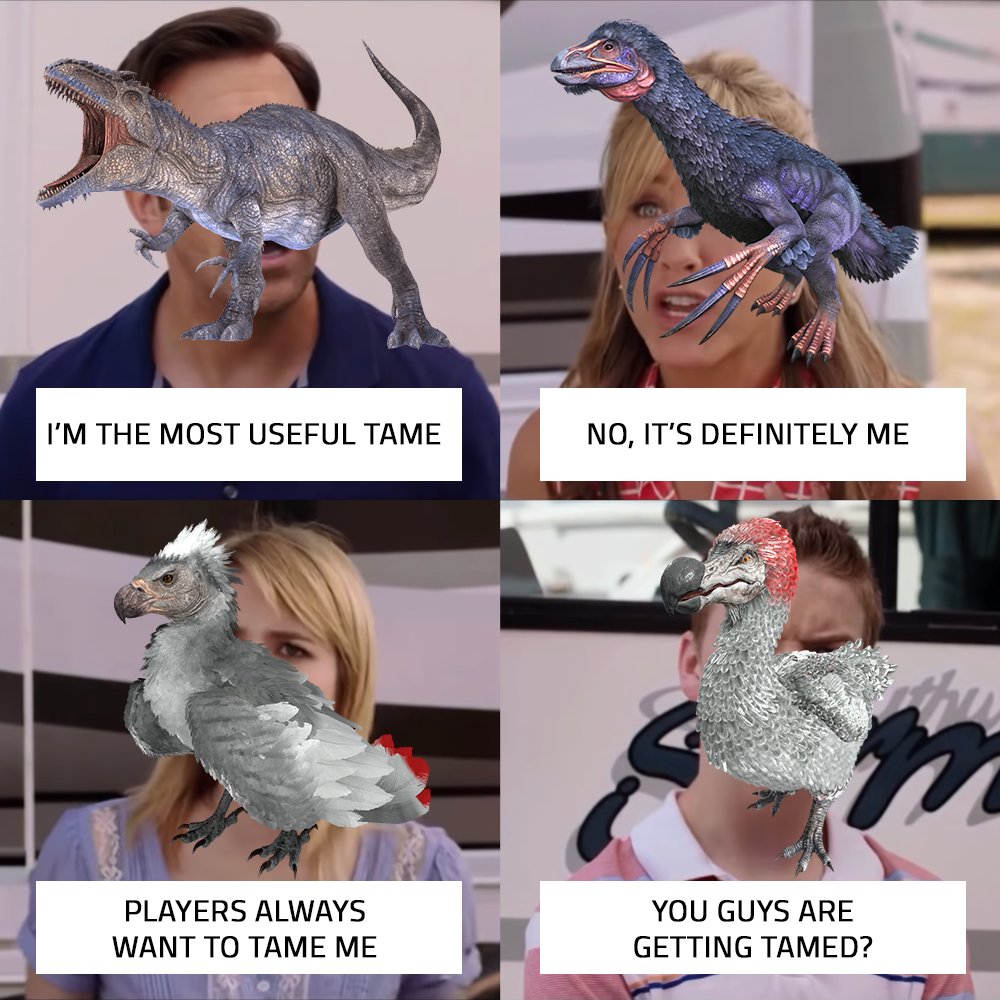 Nitrado_EN's tweet photo. Creatures in #ARK arguing who’s the most useful tame 😂 Give the Dodo some love 💛 
#arksurvival #ARKSurvivalEvolved #arksuvivalevolvedmemes #dinosaur #fyp #funny #playARK https://t.co/LVJ3sacrAA
