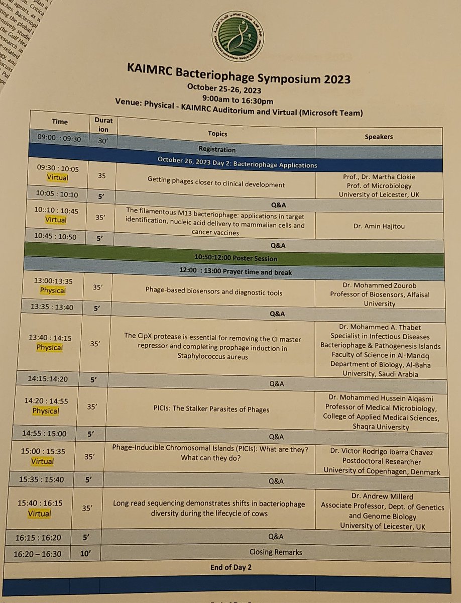 Saudi_Phages's tweet photo. Tomorrow, program day 2 in #KAIMRCBacteriophageSymposiums2023 

Saudi_Phages applications are promising in the future. 

Keep updating!

@KaimrcE
@PhageAustralia @phagedirectory @PhageinArabic @PhageOxford @ https://t.co/9Sw6KtA9yN