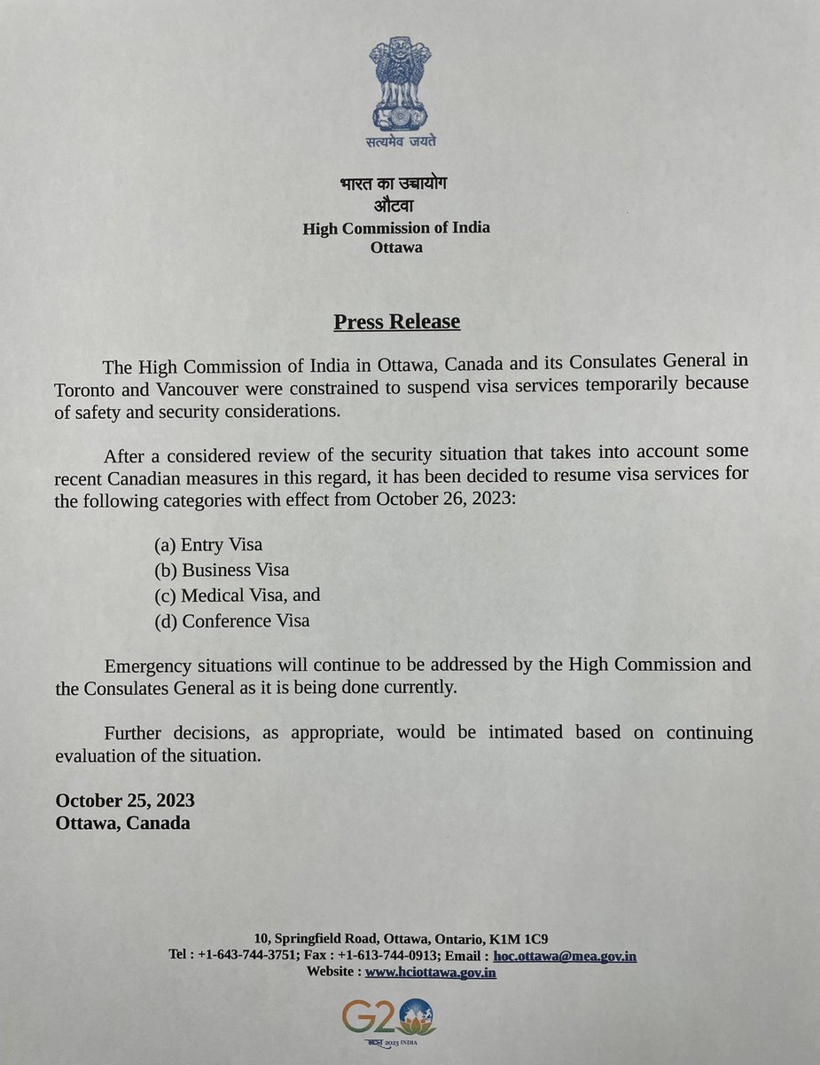 After a review of the security, if has been decided to resume the visa services for the following categories from Oct 26,2023
◾Entry Visa
◾ Business Visa
◾Medical Visa
◾ Conference Visa
#IndiaCanada