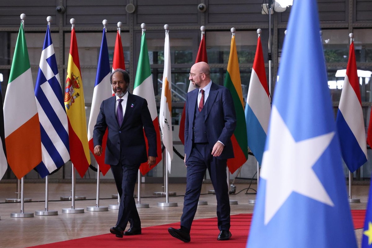 VillaSomPress's tweet photo. President @HassanSMohamud met with @CharlesMichel, President of the European Council in Brussels. They discussed the Somali government's efforts to eradicate the threat of terrorism and the EU's continued support in areas of security, state-building, and development. https://t.co/kNgEj3FhBO