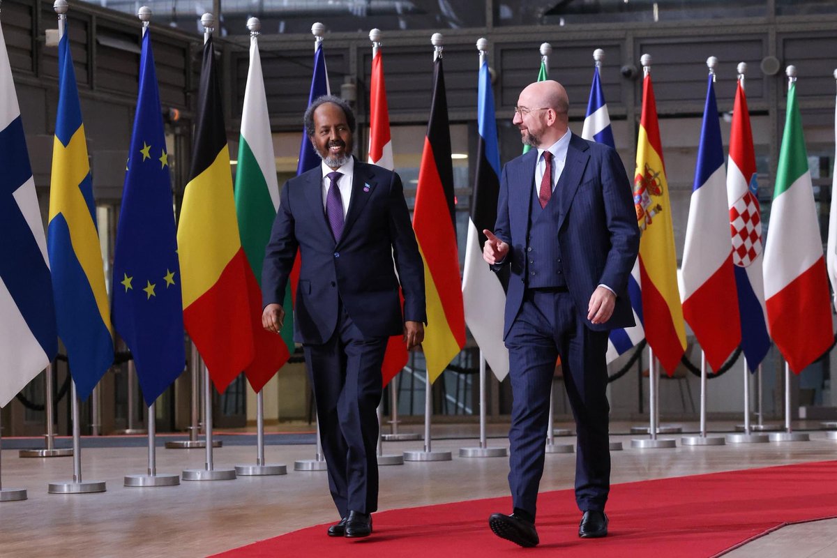 VillaSomPress's tweet photo. President @HassanSMohamud met with @CharlesMichel, President of the European Council in Brussels. They discussed the Somali government's efforts to eradicate the threat of terrorism and the EU's continued support in areas of security, state-building, and development. https://t.co/kNgEj3FhBO
