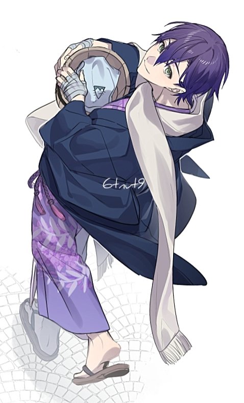 1boy solo male focus japanese clothes purple hair kimono smile  illustration images