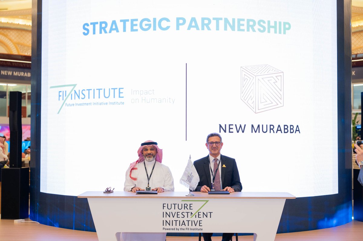 FII_Institute1's tweet photo. Represented by COO @rakan73, FII Institute welcomes its strategic partner @newmurabba, represented by Acting CEO Sabah Barakat today during #FII7 in the Pavilion. 

The world’s largest modern downtown at over 19 square kilometers, New Murabba will contain “The Mukaab,” and icon set to attract visitors from around the world with its incredible state-of-the-art entertainment, dining and fully-immersive retail in ever-changing environments.  

We look forward to the outcomes of our strategic partnership.