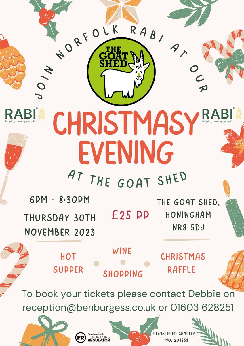 Norfolk <a href="/RABIcharity/">RABI - the farmers charity</a> are hosting a Christmas gathering at The Goat Shed. Please come along &amp; support the event, start the Christmas cheer &amp; maybe a little bit of shopping. See flyer for full details. 
#christmasiscoming #supportingfarmingfamilies #heartoffarming #feildingcottage