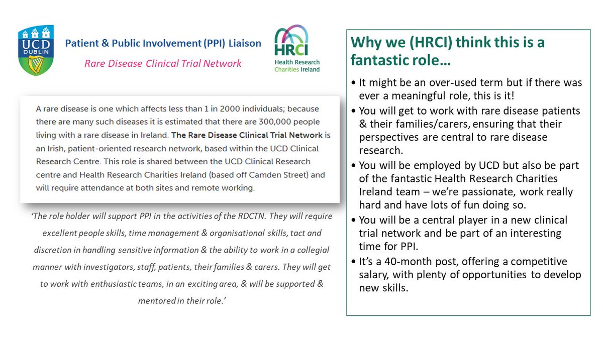 HRCI & UCD Clinical Research Centre are seeking a Research Patient & Public Involvement Liaison Officer. Find the job description and application form by visiting ucd.ie/workatucd/jobs/ Click on Search Jobs for External Candidates and enter the Ref Number 016568 #JobFairy
