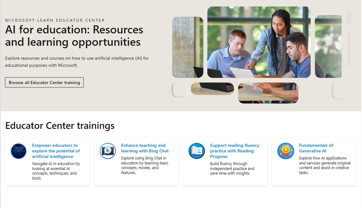 NEW! AI for education: Resources and learning opportunities 📚 This is our just-launched hub for all things AI from #MicrosoftEDU. Explore and share with other educators and staff! Link 🔗 learn.microsoft.com/en-us/training… #edchat #MIEExpert #edtech