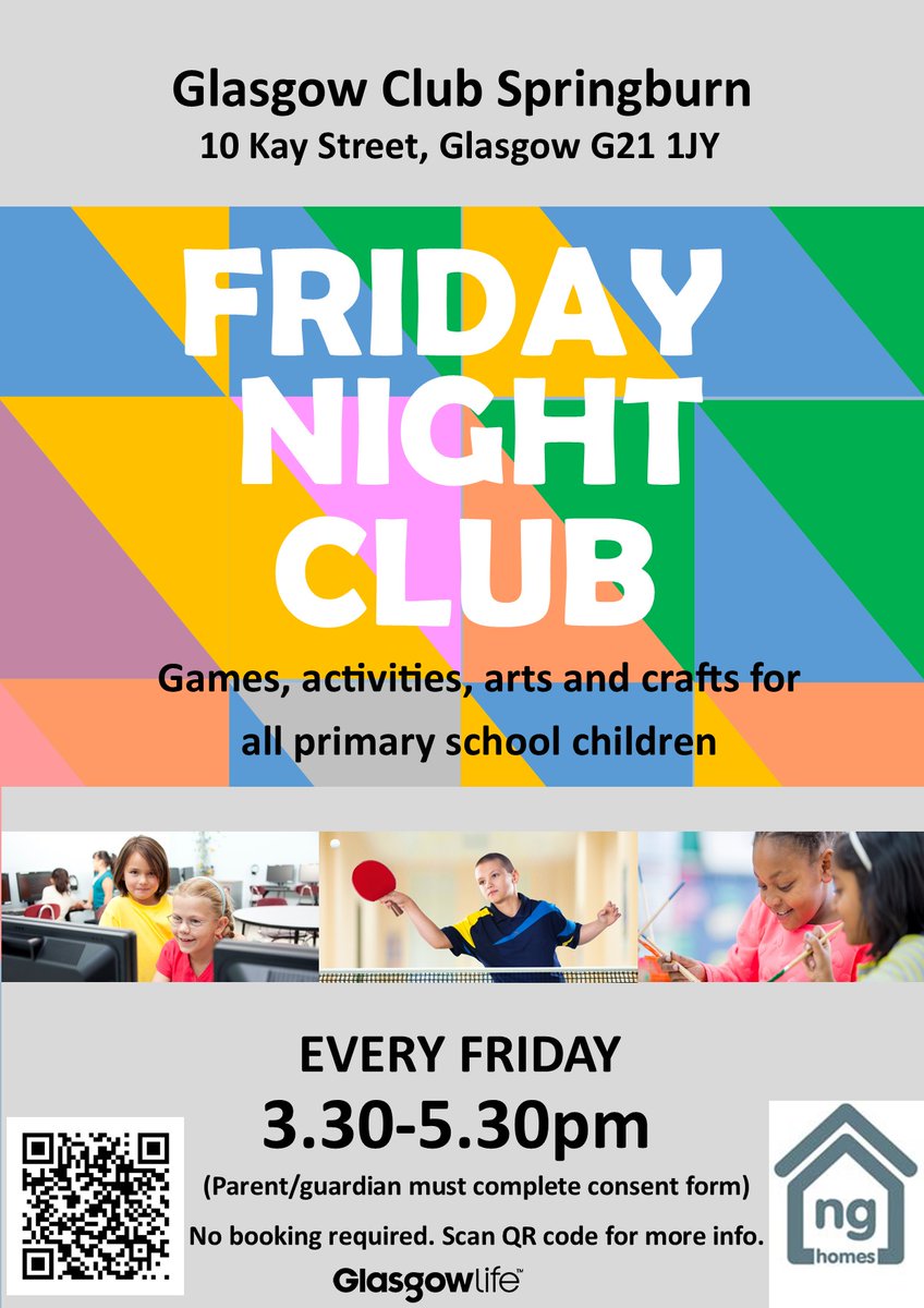 ngha_community's tweet photo. ITS BACK...
After short break, the Friday Night Club (FNC) for Primary age children returns this Friday from 330/4pm down at Springburn Library & Sports Centre
FREE physical activity fun & games for P1-7 run by our friends @glasgowlife ...
#ngactive https://t.co/pDHAT57V8j
