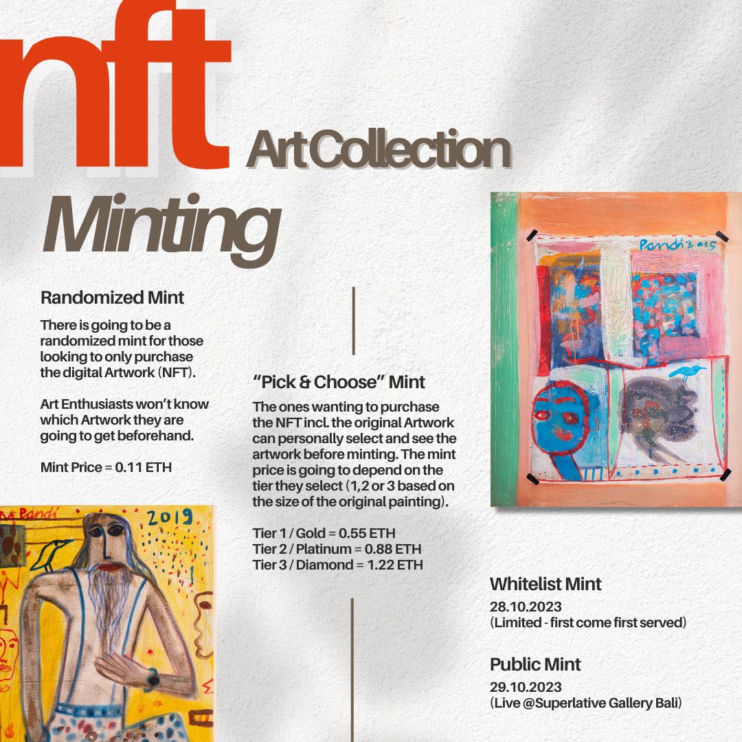 Our NFT Art Collection ft. the Balinese Artist Pandi drops on the ‼ 29th October ‼

▶ 155 Artworks
▶ 50% Donation to Balinese Charity
▶ Randomized vs. “Pick &amp; Choose” Mint

▶ Whitelist Mint = 28.10.2023
▶ Public Mint = 29.10.2023 (Live <a href="/sssgallery/">Superlative Gallery</a> Bali)

‼ Link in Bio ‼
