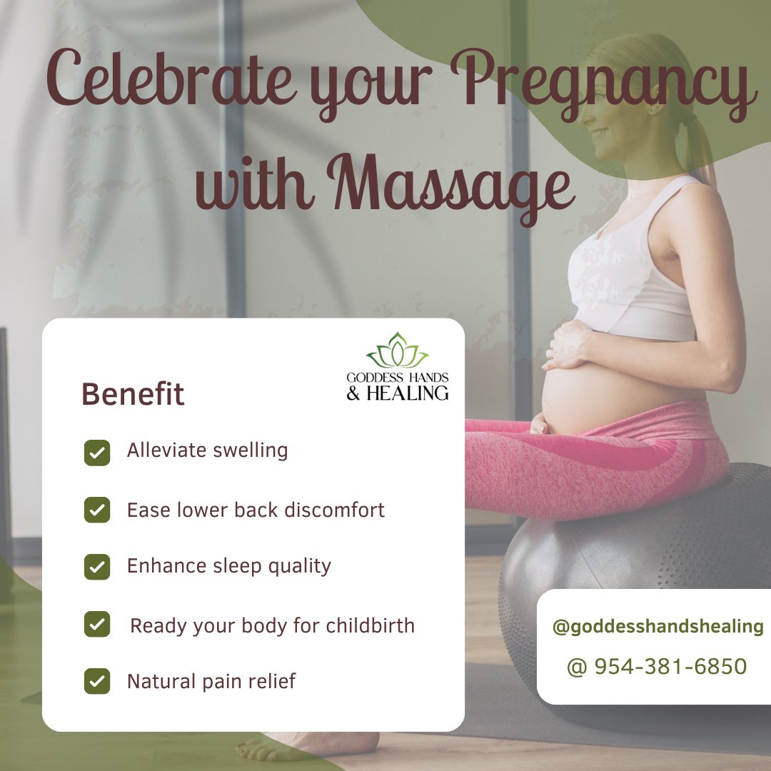 Pre-natal massage therapy can benefit you in multiple stages. From alleviating swelling to make your body ready for childbirth.
To get all the benefits of pre-natal massage therapy at your home contact Goddess Hands & Healing
Call- 954-381-6850
#prenatalmassage #MassageTherapy